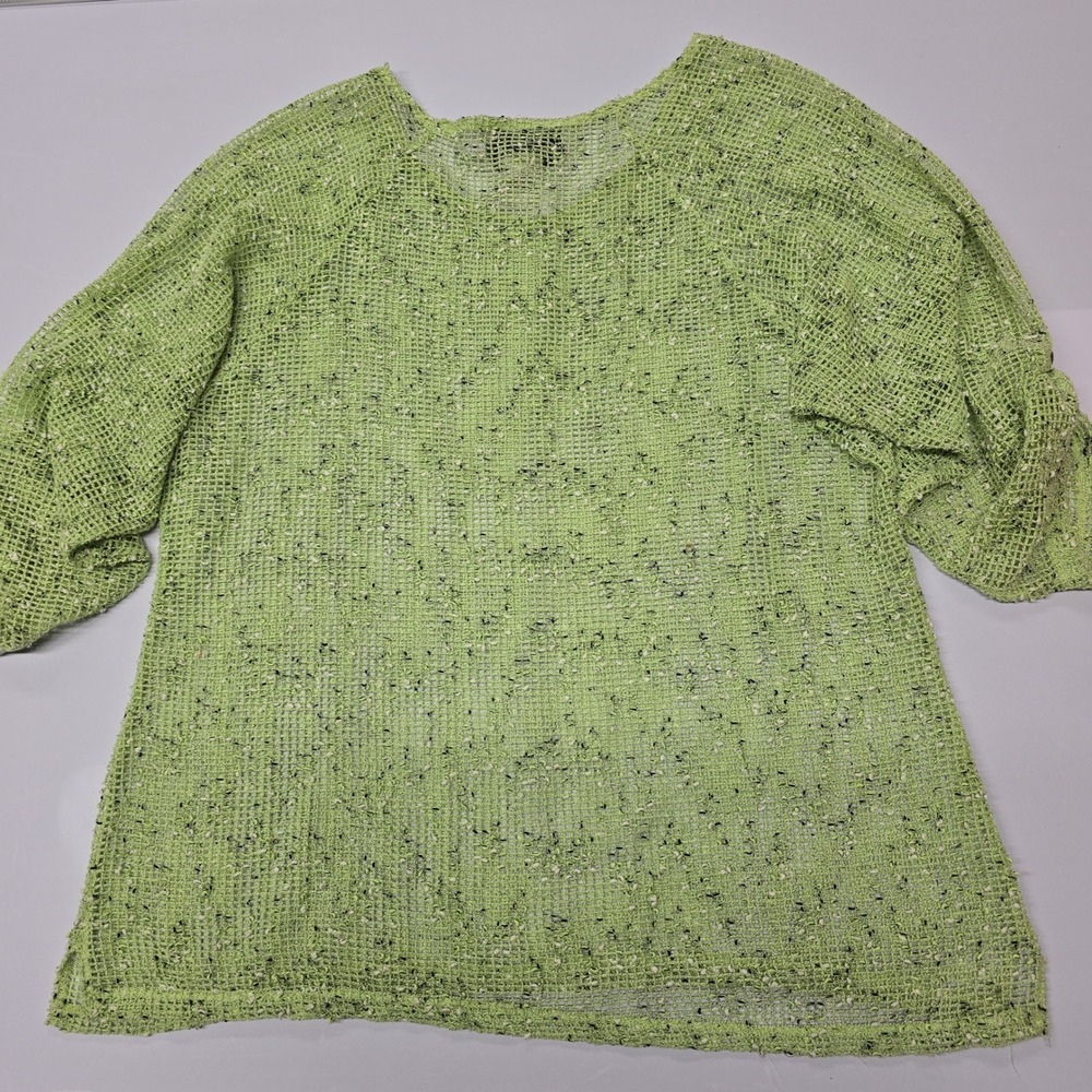 Vintage Keren Hart Lime Green Speckled Mesh‎ Knit Top Roll Tab Sleeves Women XL - Picture 3 of 5